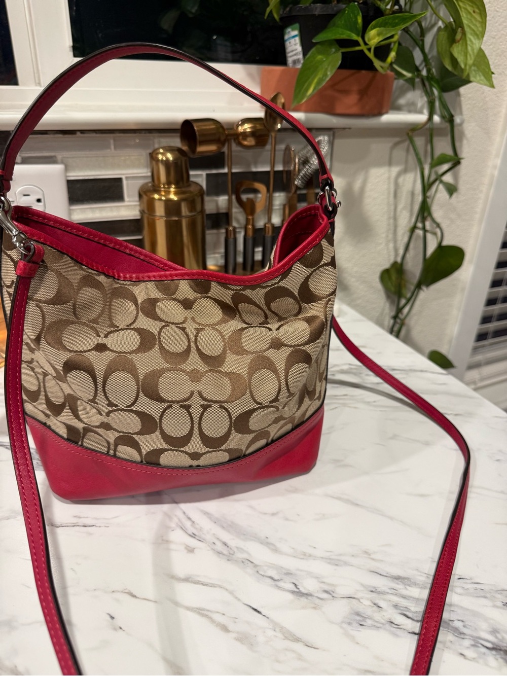 Vintage small Coach Signature Canvas and pink Leather Hobo Bag